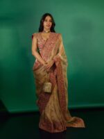 Off White Color Glass Organza Silk Fabric Thread With Sequence Work Saree