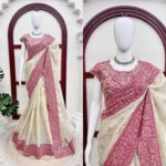 Off White Color Glass Organza Silk Fabric Thread With Sequence Work Saree
