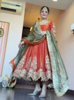Orange Color Fendi Satin Fabric Jari With Sequence Work Gown