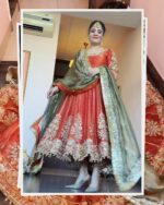 Orange Color Fendi Satin Fabric Jari With Sequence Work Gown