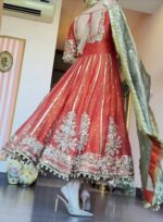 Orange Color Fendi Satin Fabric Jari With Sequence Work Gown