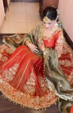 Orange Color Fendi Satin Fabric Jari With Sequence Work Gown
