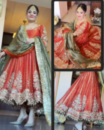 Orange Color Fendi Satin Fabric Jari With Sequence Work Gown