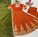 Orange Color Fendi Satin Fabric Jari With Sequence Work Gown