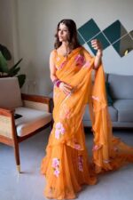 Orange Color Georgette Fabric Print With Picho Work Lehenga Saree