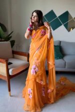 Orange Color Georgette Fabric Print With Picho Work Lehenga Saree