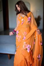 Orange Color Georgette Fabric Print With Picho Work Lehenga Saree