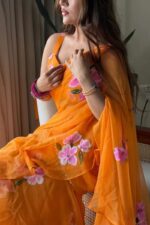 Orange Color Georgette Fabric Print With Picho Work Lehenga Saree