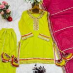 Parrot Color Faux Georgette Fabric Sequence Jari Embroidery Work Sharara Suit