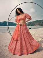 Peach Color Butterfly Net Fabric Sequence Embroidery Work Lehenga