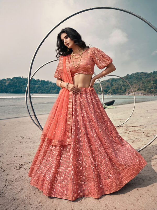 Peach Color Butterfly Net Fabric Sequence Embroidery Work Lehenga