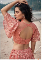 Peach Color Butterfly Net Fabric Sequence Embroidery Work Lehenga