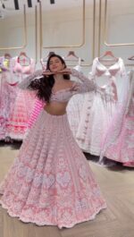 Pink Color Slub Silk Fabric Rainbow Sequence Work Lehenga