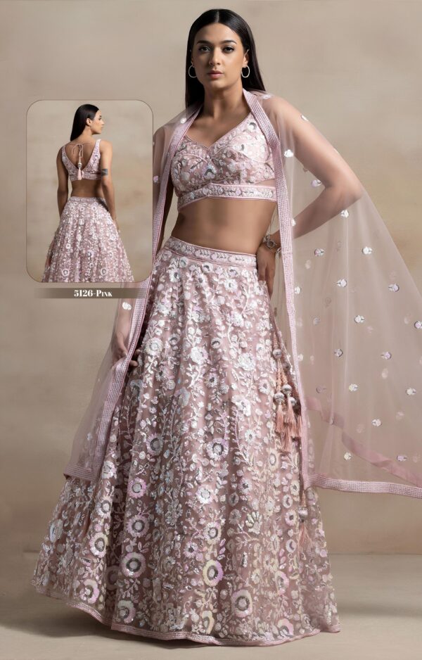 Pink Color Soft Net Fabric Thread With Multiple Sequence Work Lehenga
