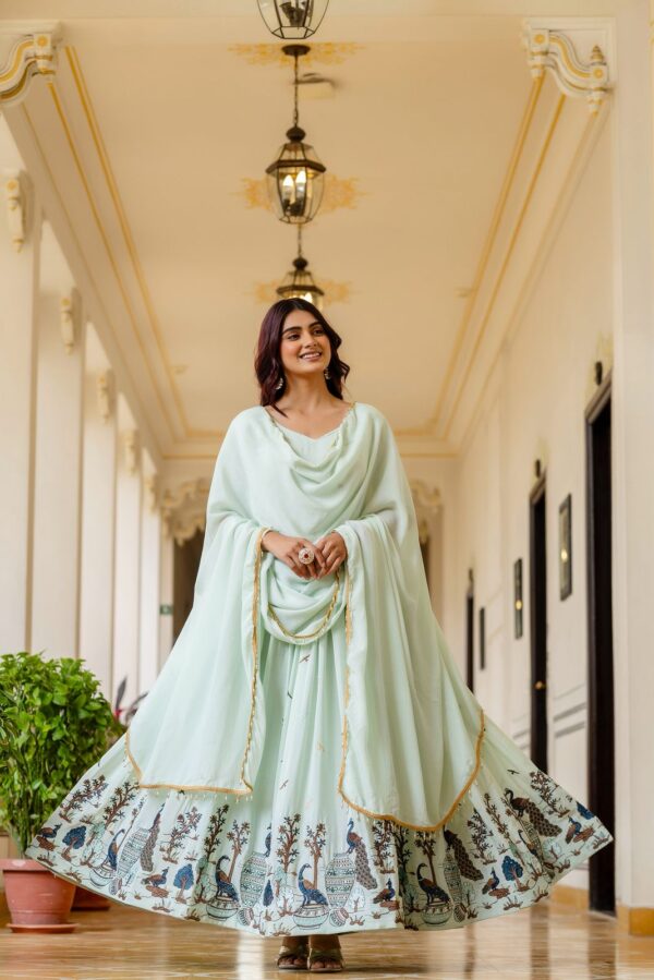 Pista Color Chinon Fabric Embroidery Work Gown