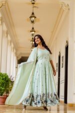 Pista Color Chinon Fabric Embroidery Work Gown