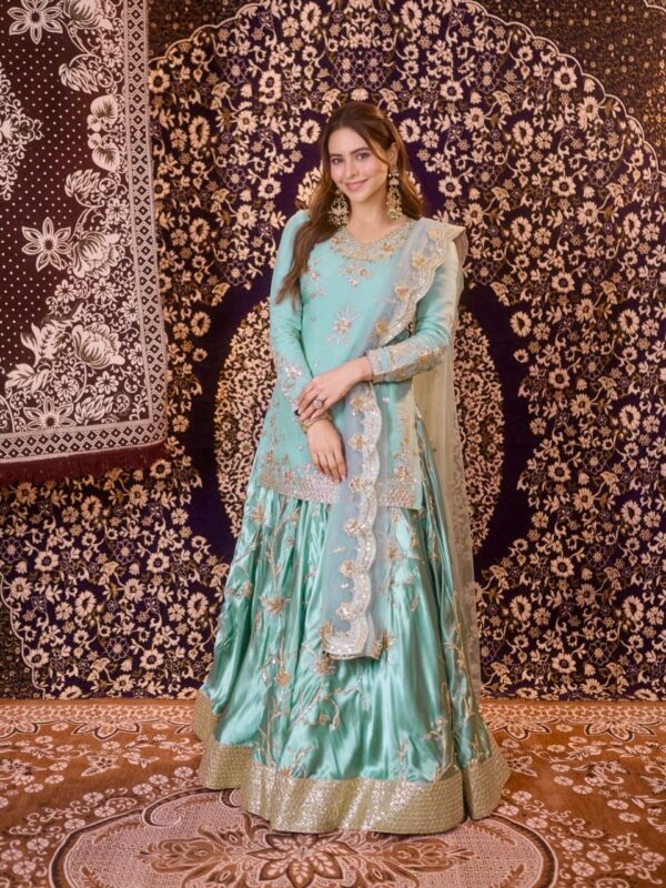 Pista Color Japan Satin Fabric Thread With Sequence Work Top Lehenga Set