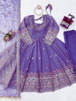 Purple Color Fendi Silk Fabric Thread With Sequence Work Anarkali Suit