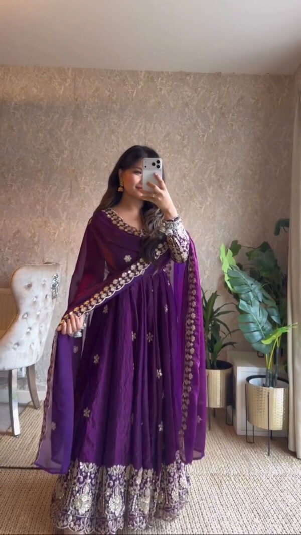 Purple Color Fendi Silk Fabric Thread With Sequence Work Anarkali Suit