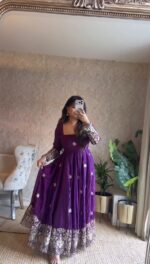 Purple Color Fendi Silk Fabric Thread With Sequence Work Anarkali Suit