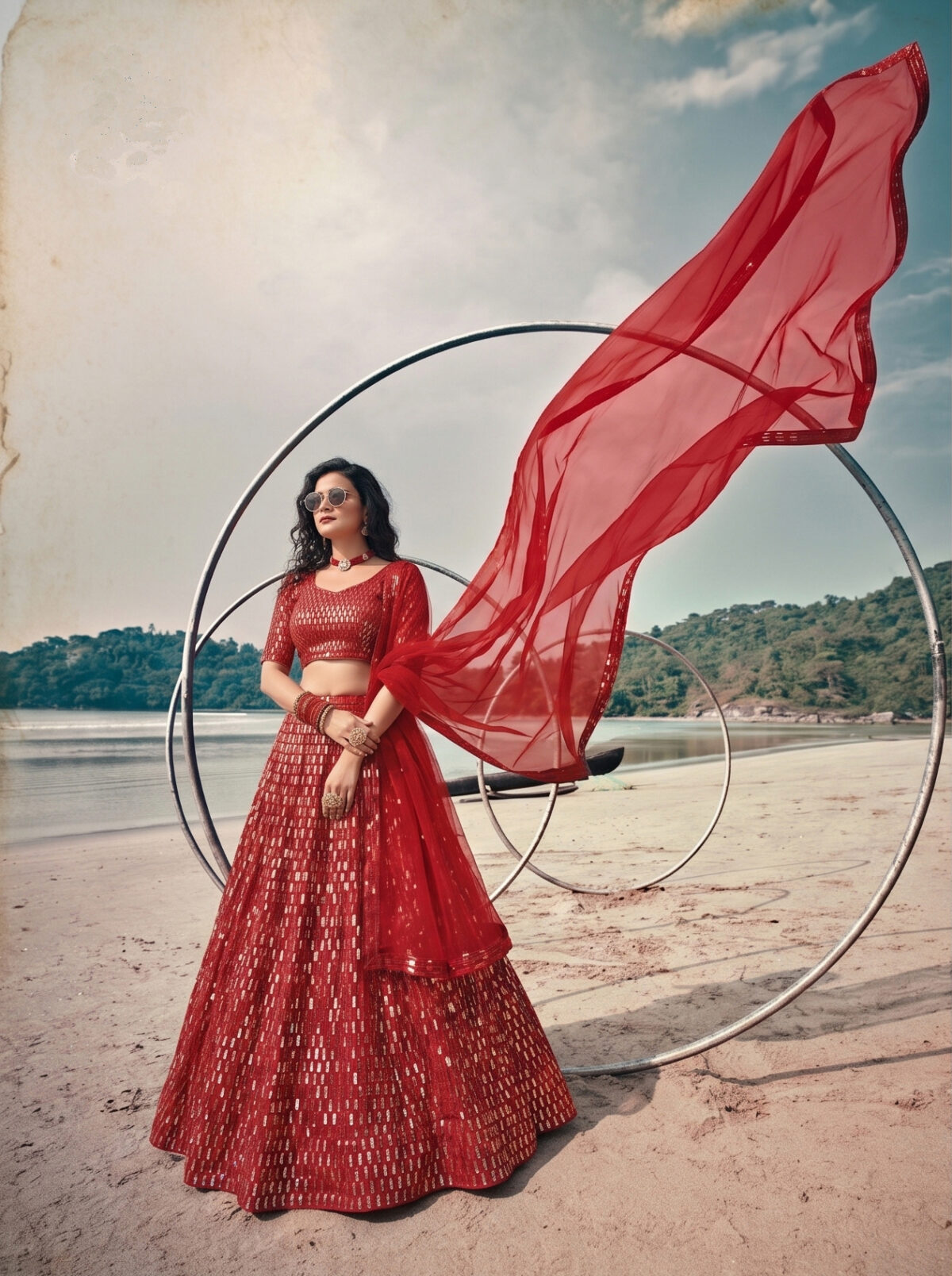 Red Color Butterfly Net Fabric Sequence Embroidery Work Lehenga