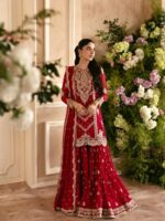 Red Color Faux Georgette Fabric Thread With Sequence Work Sharara Suit