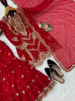 Red Color Faux Georgette Fabric Thread With Sequence Work Sharara Suit