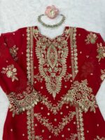 Red Color Faux Georgette Fabric Thread With Sequence Work Sharara Suit