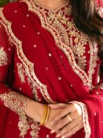 Red Color Faux Georgette Fabric Thread With Sequence Work Sharara Suit