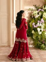 Red Color Faux Georgette Fabric Thread With Sequence Work Sharara Suit