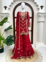 Red Color Faux Georgette Fabric Thread With Sequence Work Sharara Suit