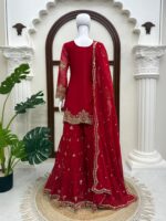 Red Color Faux Georgette Fabric Thread With Sequence Work Sharara Suit