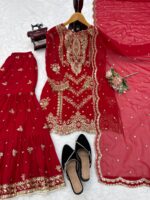 Red Color Faux Georgette Fabric Thread With Sequence Work Sharara Suit