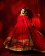 Red Color Vichitra Silk Fabric Thread With Sequence Work Gown