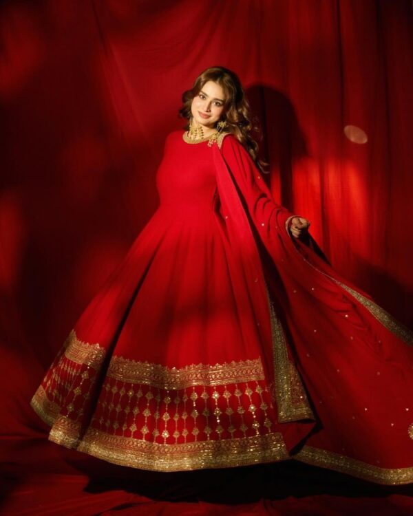 Red Color Vichitra Silk Fabric Thread With Sequence Work Gown