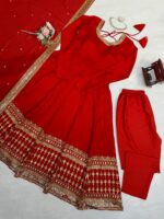 Red Color Vichitra Silk Fabric Thread With Sequence Work Gown