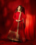 Red Color Vichitra Silk Fabric Thread With Sequence Work Gown