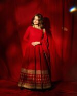 Red Color Vichitra Silk Fabric Thread With Sequence Work Gown