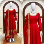 Red Color Vichitra Silk Fabric Thread With Sequence Work Gown
