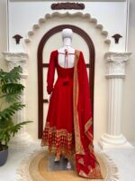 Red Color Vichitra Silk Fabric Thread With Sequence Work Gown