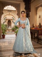 Sky Blue Color Rangoli Silk Fabric Foil Mirror Work Lehenga