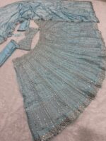 Sky Blue Color Rangoli Silk Fabric Foil Mirror Work Lehenga