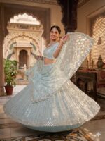 Sky Blue Color Rangoli Silk Fabric Foil Mirror Work Lehenga