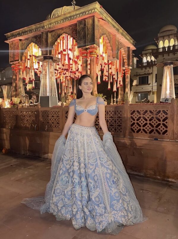 Sky Blue Color Slub Silk Fabric Resham Thread With Rainbow Sequence Work Lehenga