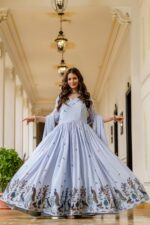 Sky Color Chinon Fabric Embroidery Work Gown