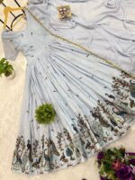 Sky Color Chinon Fabric Embroidery Work Gown