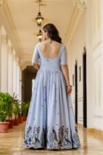 Sky Color Chinon Fabric Embroidery Work Gown