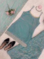 Sky Color Fendi Silk Fabric Thread With Sequence Work Palazzo Suit