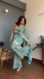 Sky Color Fendi Silk Fabric Thread With Sequence Work Palazzo Suit