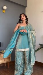 Sky Color Fendi Silk Fabric Thread With Sequence Work Palazzo Suit